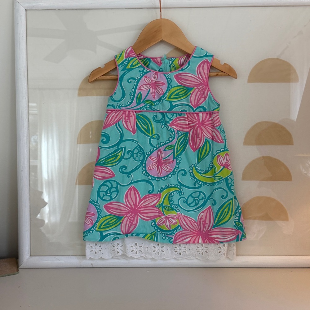 Lilly Pulitzer Girls' Floral A-Line Dress in Aqua and Pink